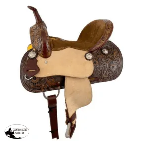 12" Double T brown suede seat barrel style saddle with floral tooling.