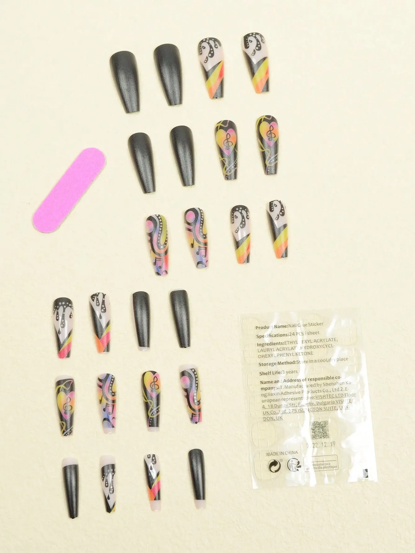 24 Pcs Coffin Matte Black Graffiti Press on Nails