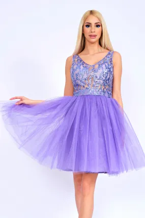 Abito princess con gonna gonfia in tulle e corpetto violetto glitterato