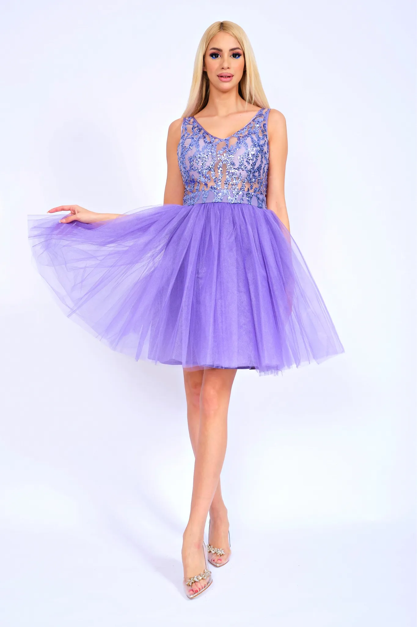 Abito princess con gonna gonfia in tulle e corpetto violetto glitterato