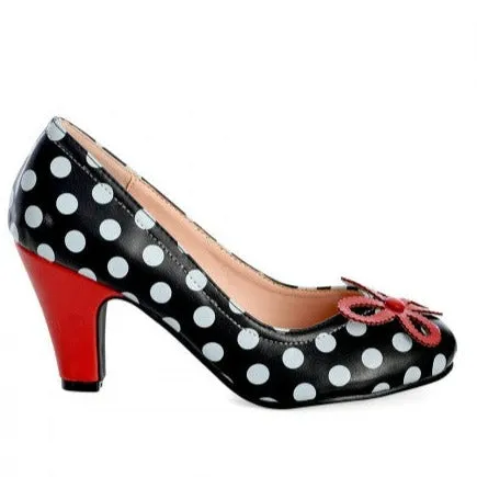 Black and White Polka Dot Heels With Red Applique Flower