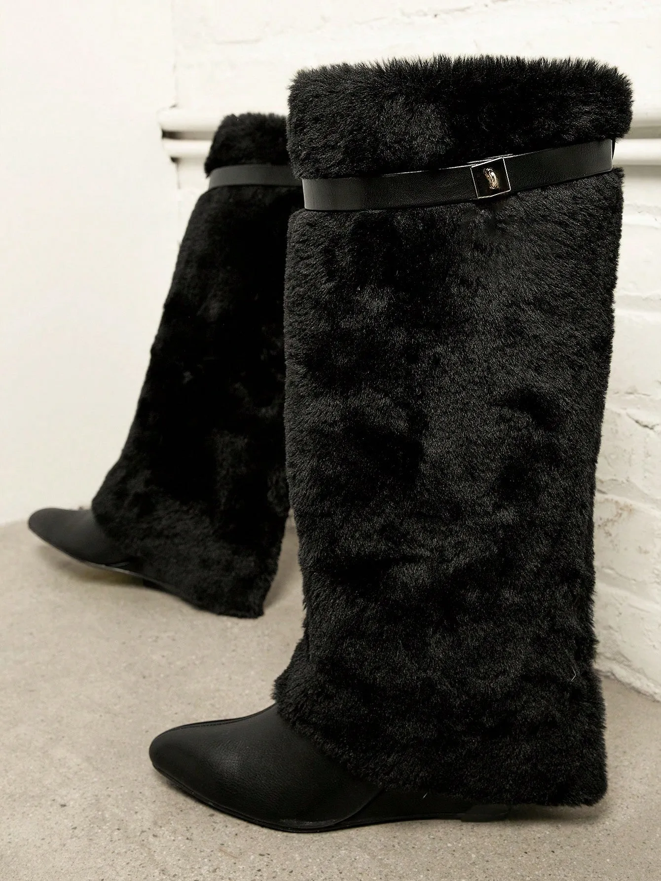 Fuzzy Closed Toe Padlock Detail Wedge Boots