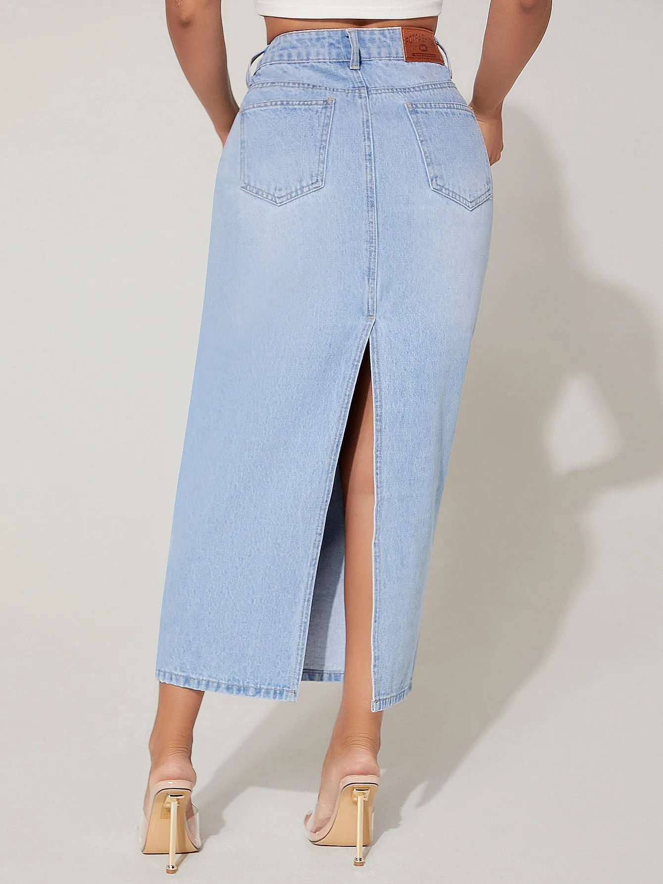 High Waist Split Back Denim Skirt-Petite