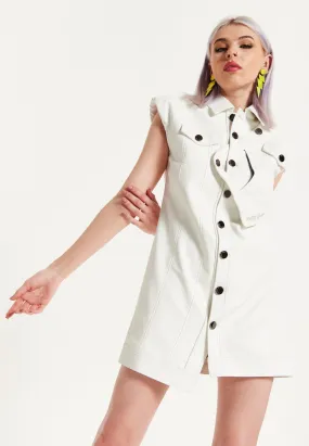 House Of Holland Rocker Faux Leather Twist Button Down Dress Off White