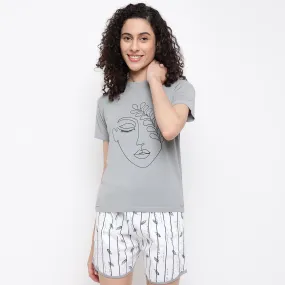 La Intimo Feather Free Print Shorts & Grey T-Shirt Set