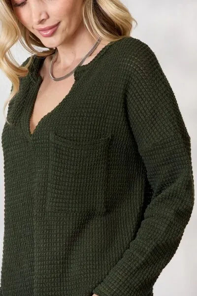 Popcorn Waffle Long Sleeve Top in Olive