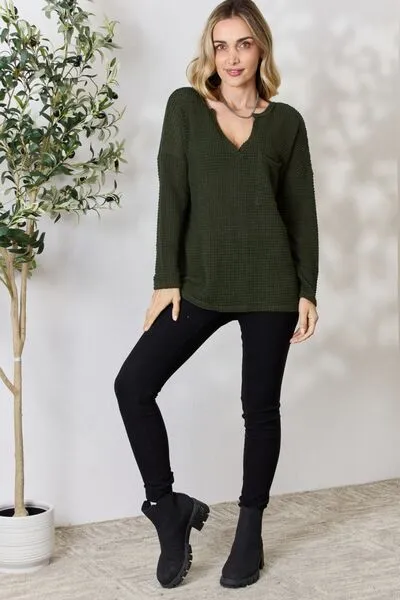 Popcorn Waffle Long Sleeve Top in Olive