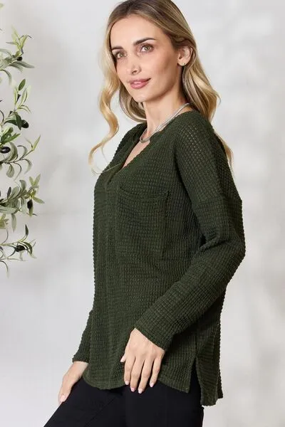 Popcorn Waffle Long Sleeve Top in Olive