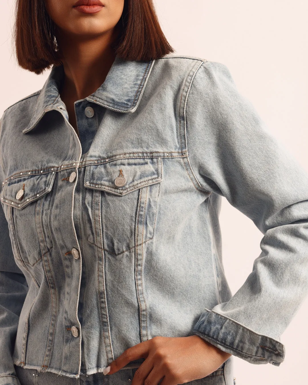 Veste Denim Bleu Avec Strass